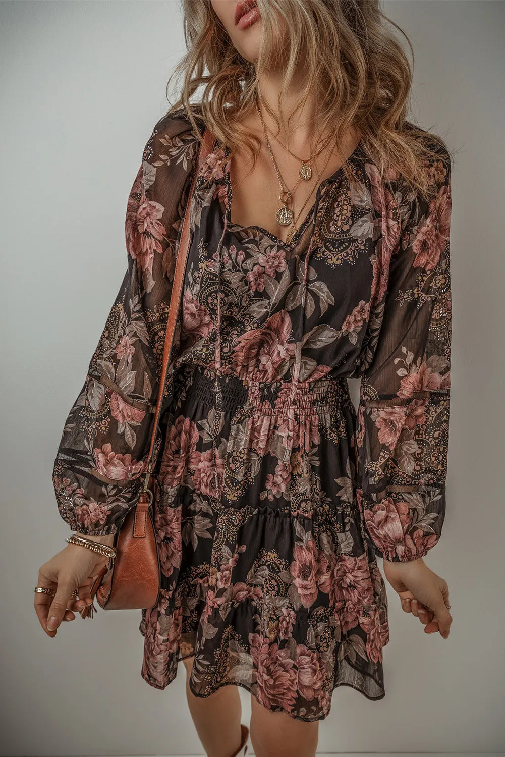 Printed Tie Neck Long Sleeve Mini Dress – PRIVATE LABEL by Genavieve