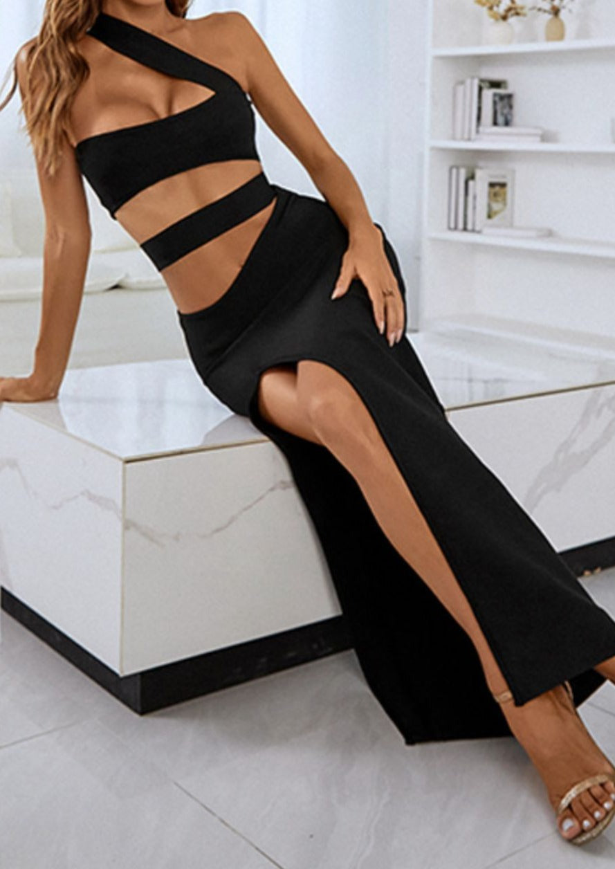 One fashion shoulder split maxi dress