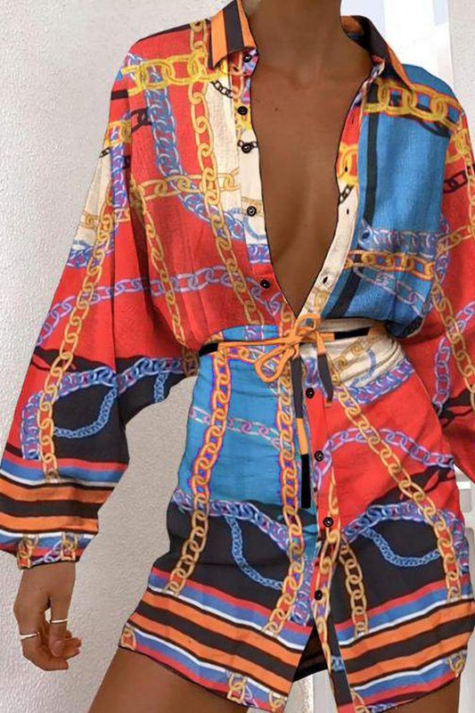 Scarf Print Button Long Sleeve Shirt Dress | Private Label Styles
