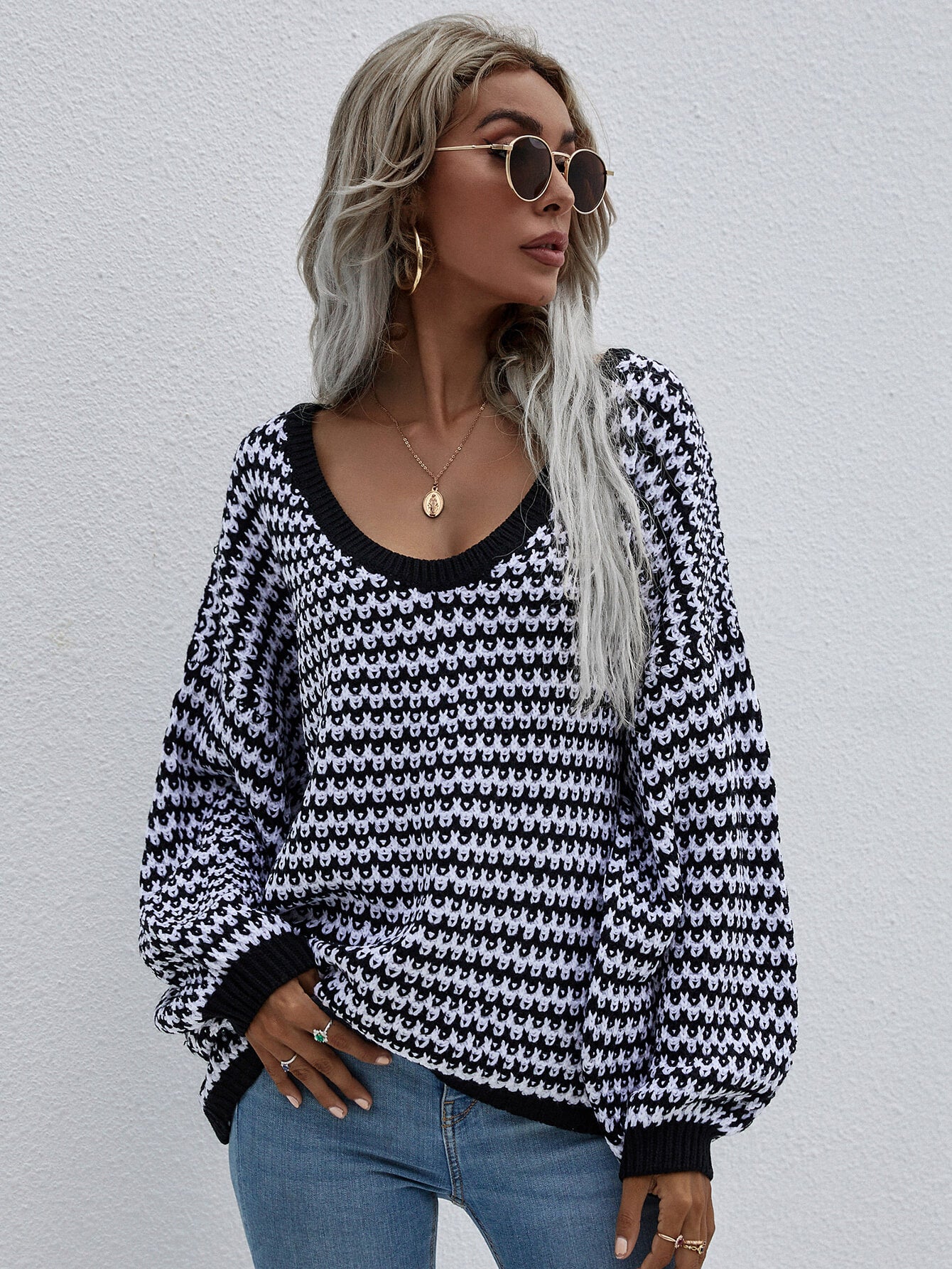 Striped Drop Shoulder V-Neck Pullover Sweater - PRIVATE LABEL STYLES