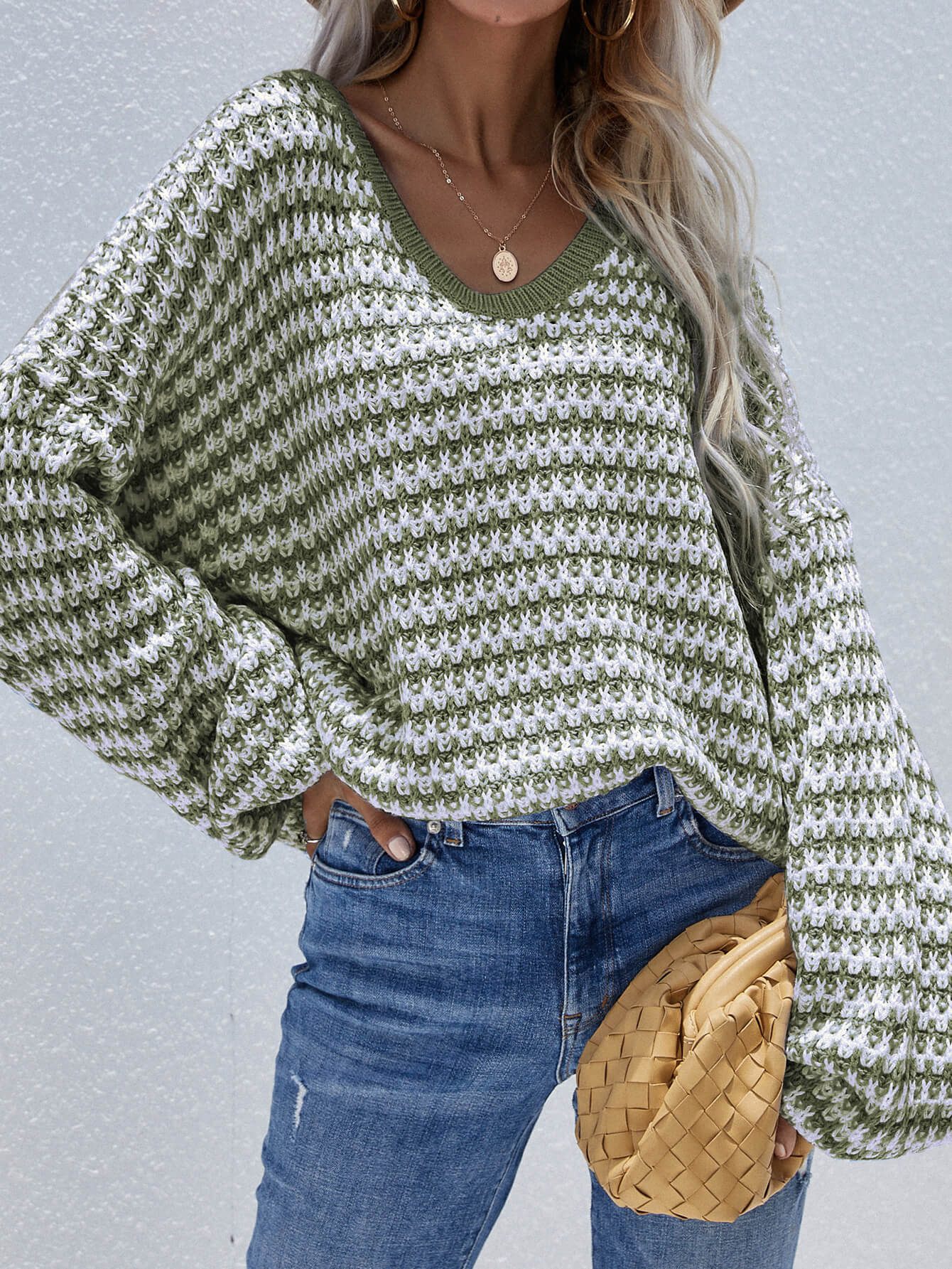 Striped Drop Shoulder V-Neck Pullover Sweater - PRIVATE LABEL STYLES