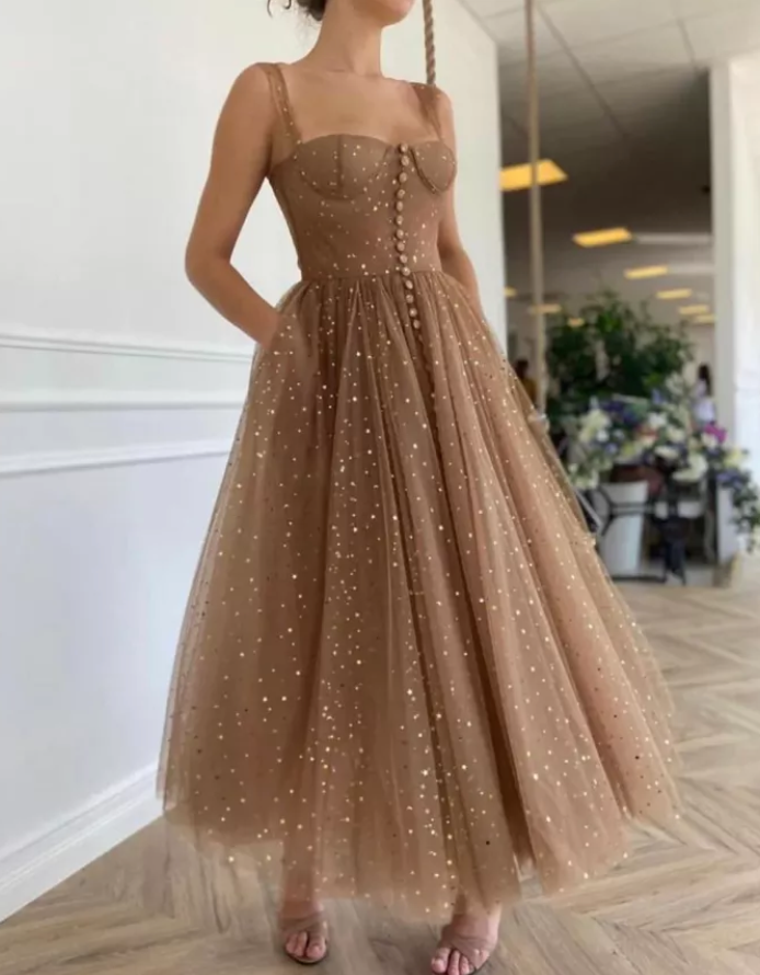 Gold A Line Midi Sparkle Bridesmaids Dress | Private Label Styles