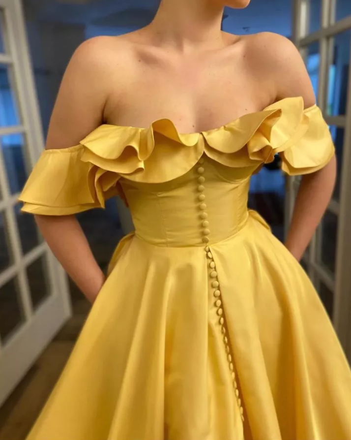 YELLOW TAFFETA MAXI RUFFLE SHOULDER BRIDESMAIDS DRESS - PRIVATE LABEL STYLES