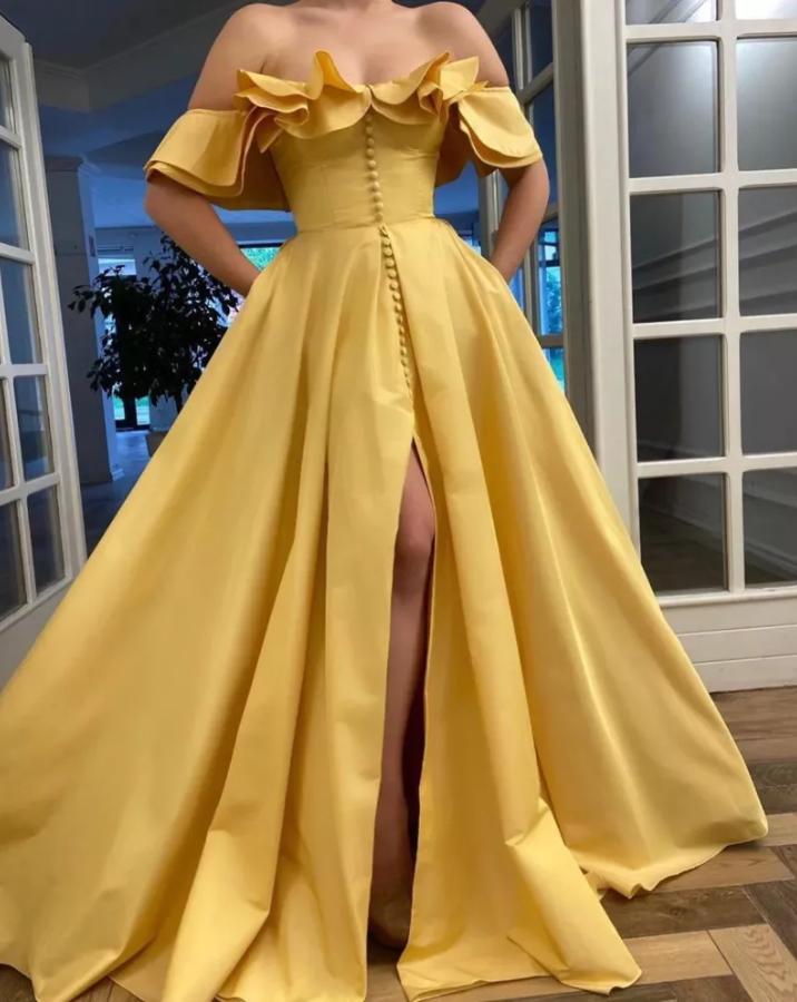 YELLOW TAFFETA MAXI RUFFLE SHOULDER BRIDESMAIDS DRESS - PRIVATE LABEL STYLES