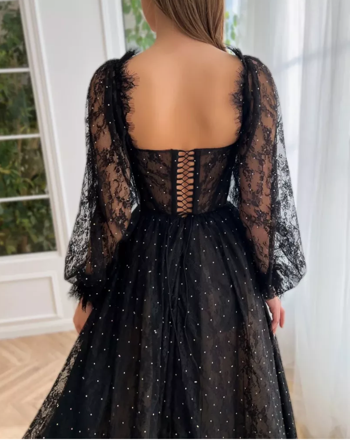 Black Puffy Sleeve Sparkle Bridesmaids Dress | Private Label Styles