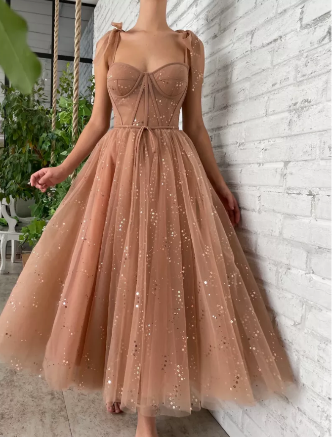 Bronze Sparkle Shoulder Tie Bridesmaids Dress | Private Label Styles