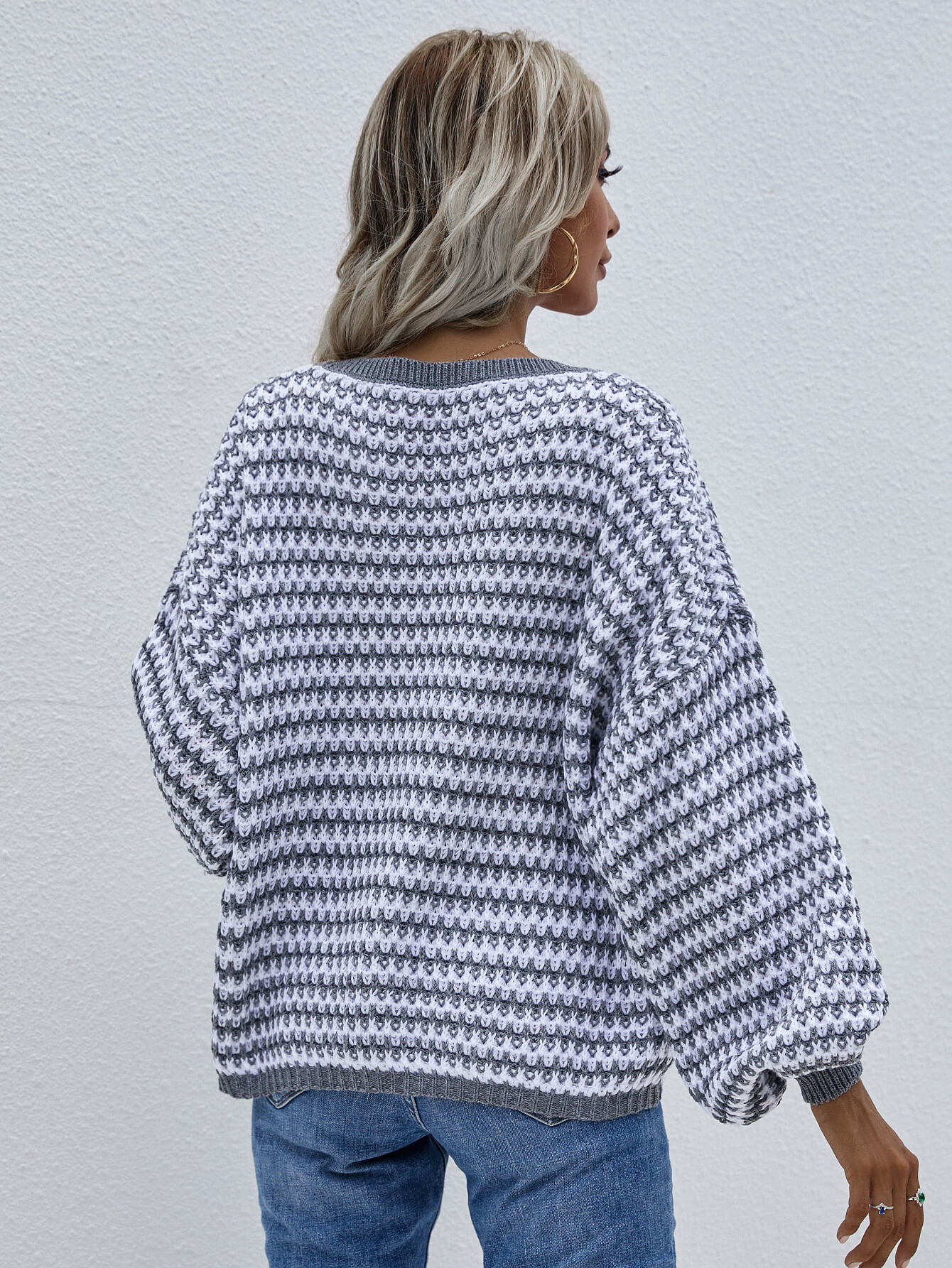 Striped Drop Shoulder V Neck Pullover Sweater | Private Label Styles