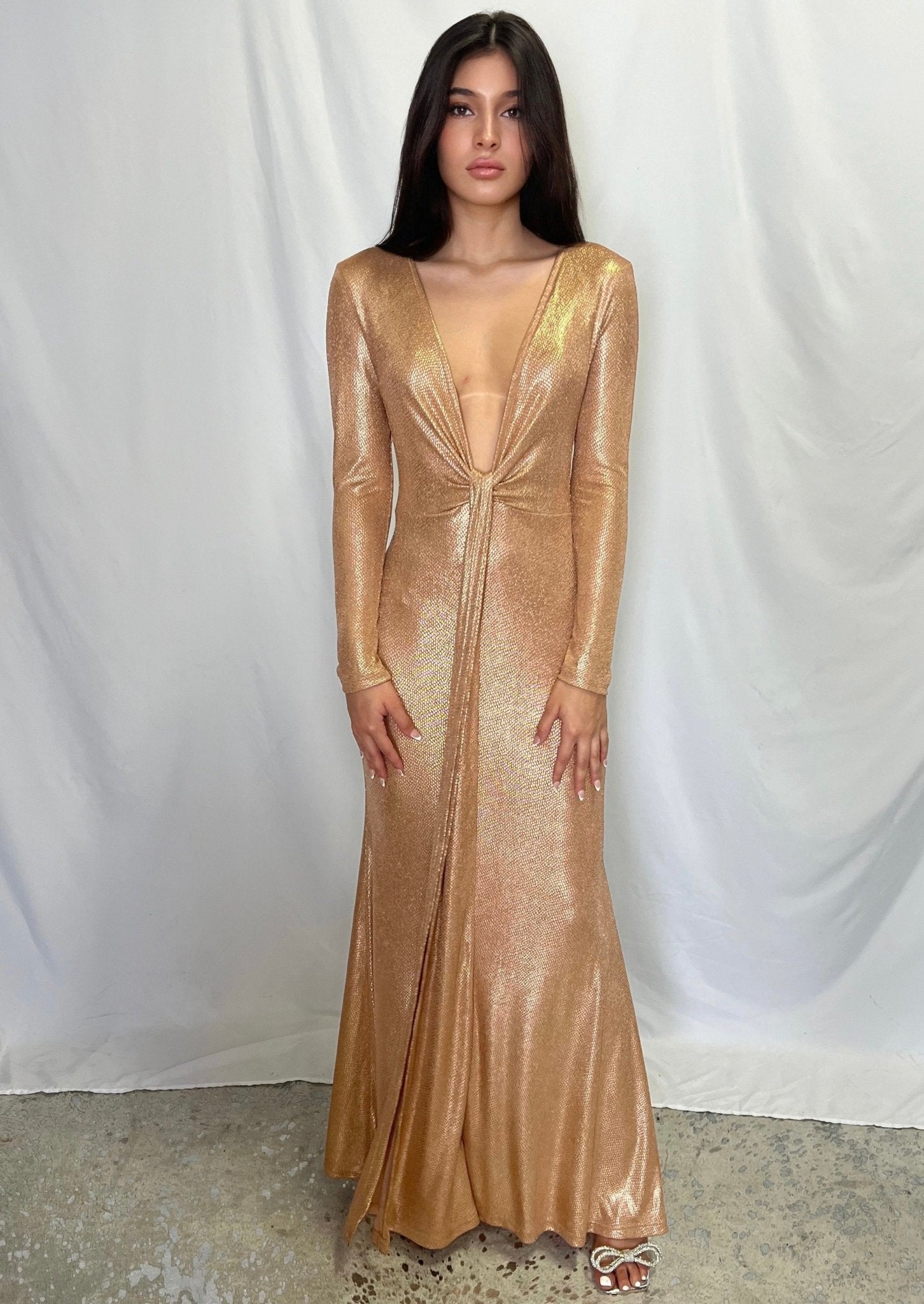 Golden Metallic Dress | Long Sleeve Dress | Private Label Styles M Golden Metallic Dress | Long Sleeve Dress | Private Label Styles M