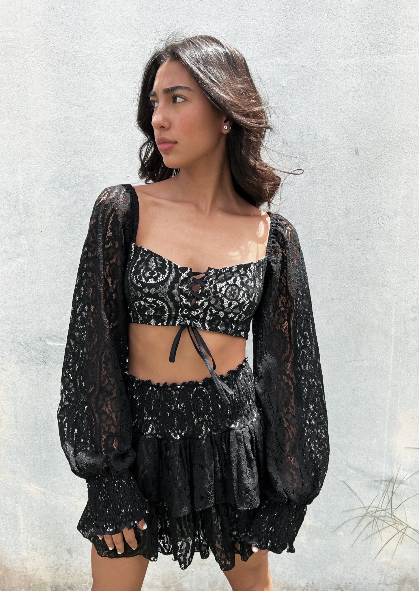 black lace two piece dress Two Piece Prom Dresses with Slit A-line Long Cheap Black Lace Long Sle Anna PromDress