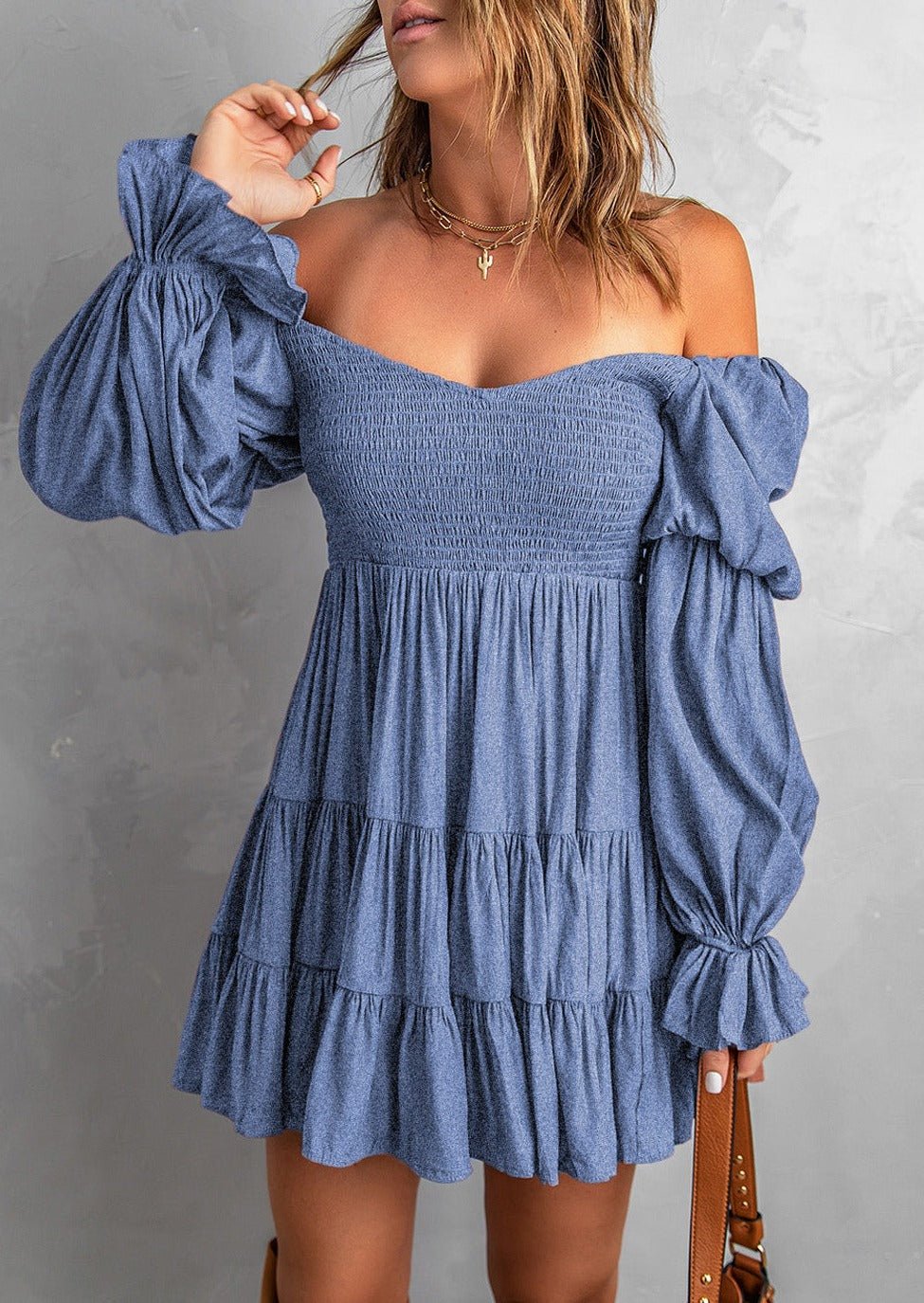 SMOCKED OFF-SHOULDER TIERED MINI DRESS