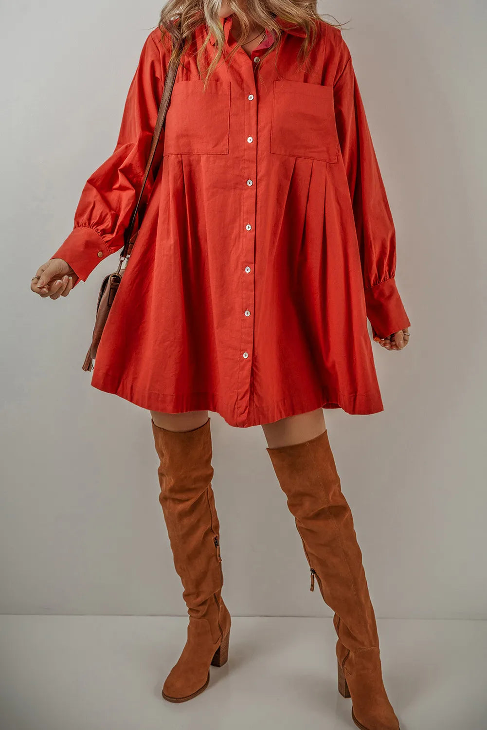 Pocketed Button Down Long Sleeve Shirt Dress