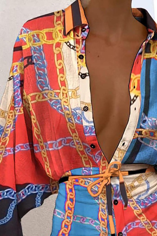 Scarf Print Button Long Sleeve Shirt Dress | Private Label Styles