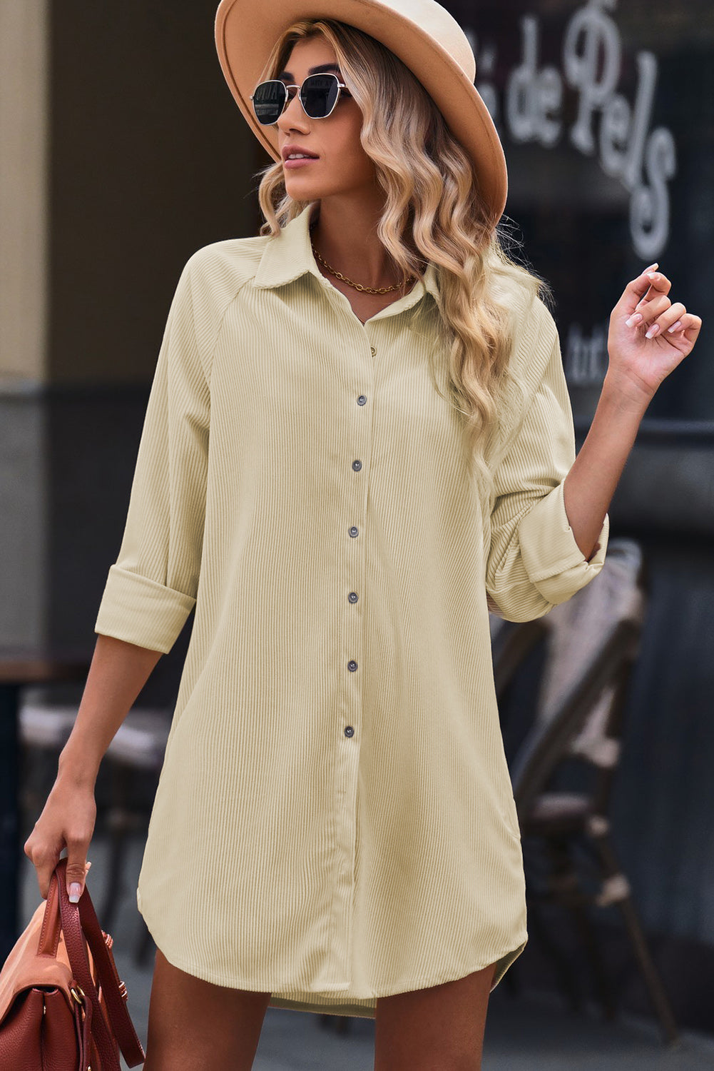 Button Front Curved Hem Raglan Sleeve Shirt Dress - PRIVATE LABEL STYLES