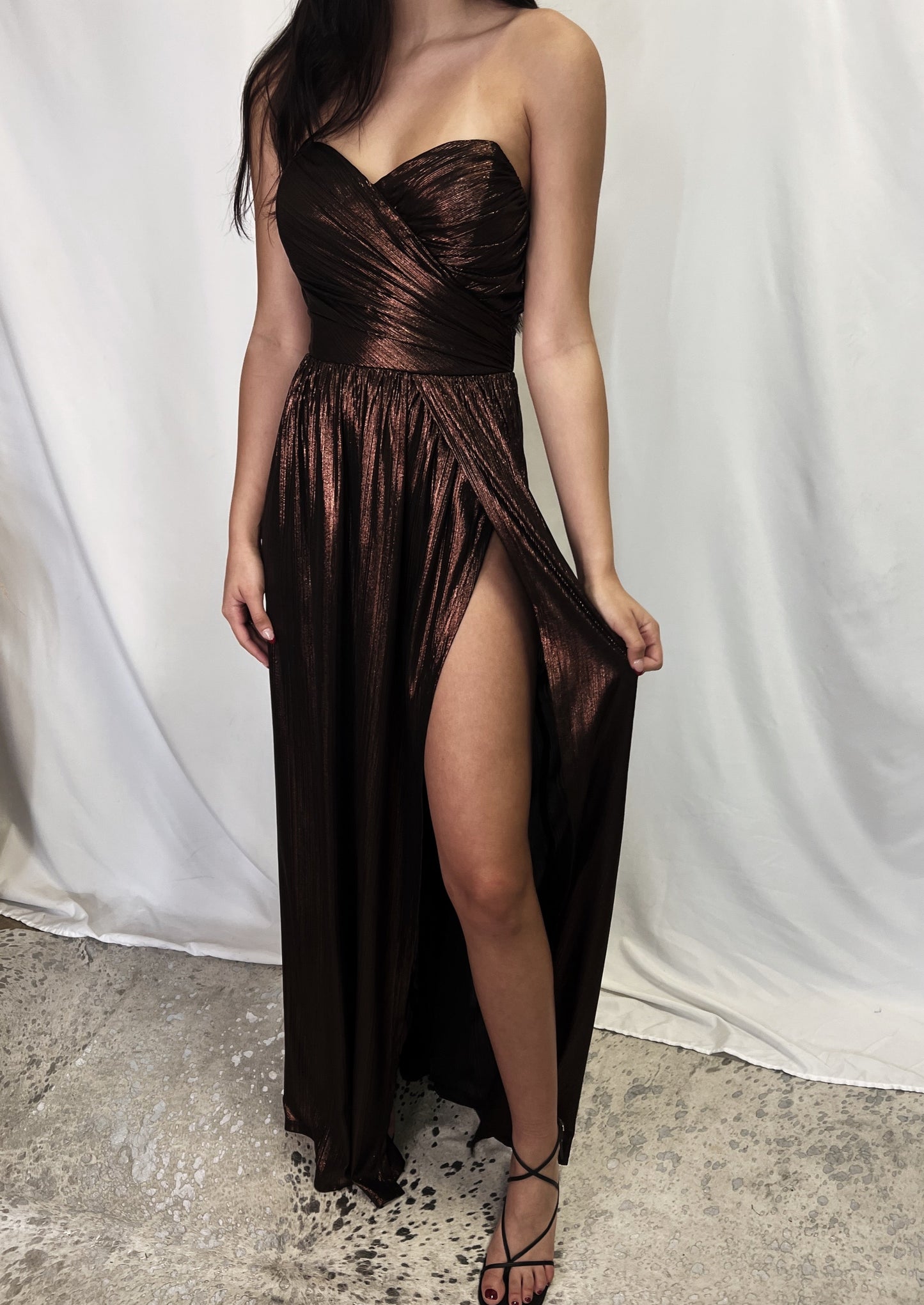Chocolate Metallic Strapless Formal Dress | Private Label Styles