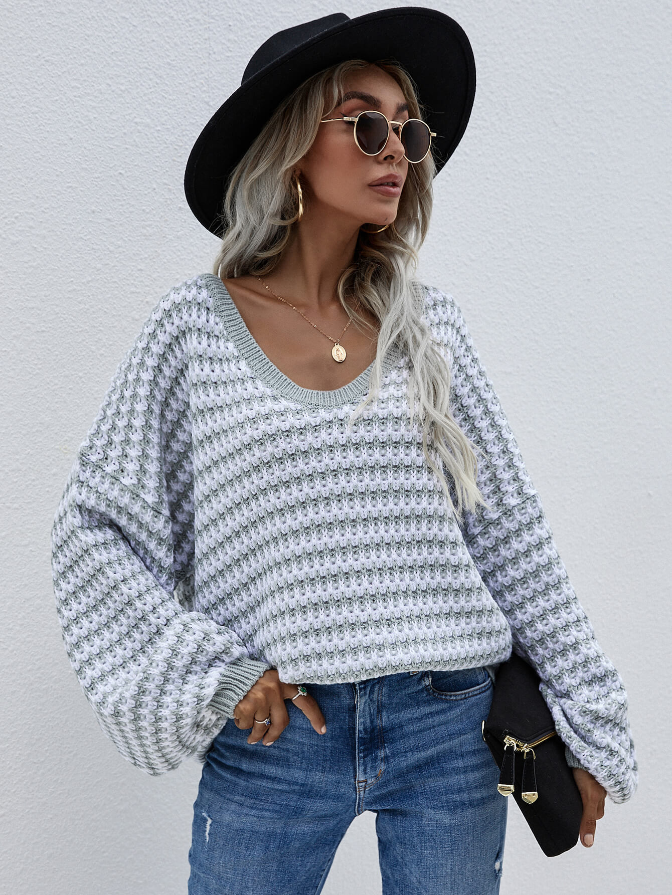 Striped Drop Shoulder V Neck Pullover Sweater | Private Label Styles
