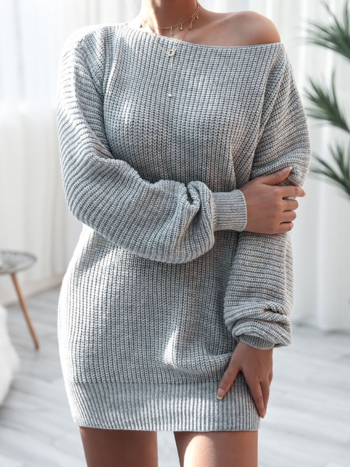 Julane Peyton Balloon Sleeve Boat Neck Sweater Dress