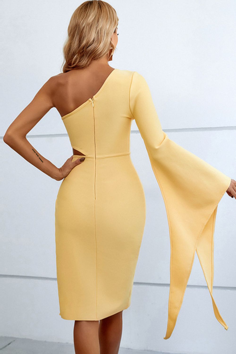 Cutout Split Flare Sleeve One-Shoulder Dress | private Label Styles