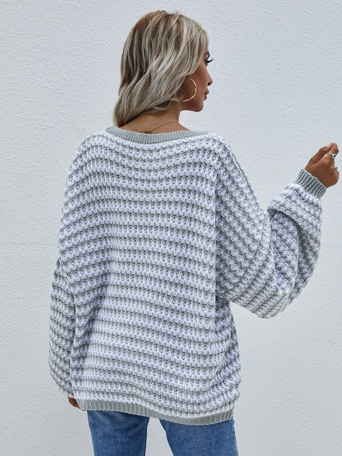 Striped Drop Shoulder V Neck Pullover Sweater | Private Label Styles