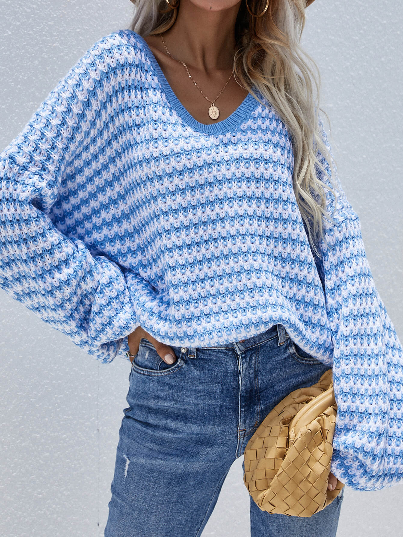 Striped Drop Shoulder V-Neck Pullover Sweater - PRIVATE LABEL STYLES