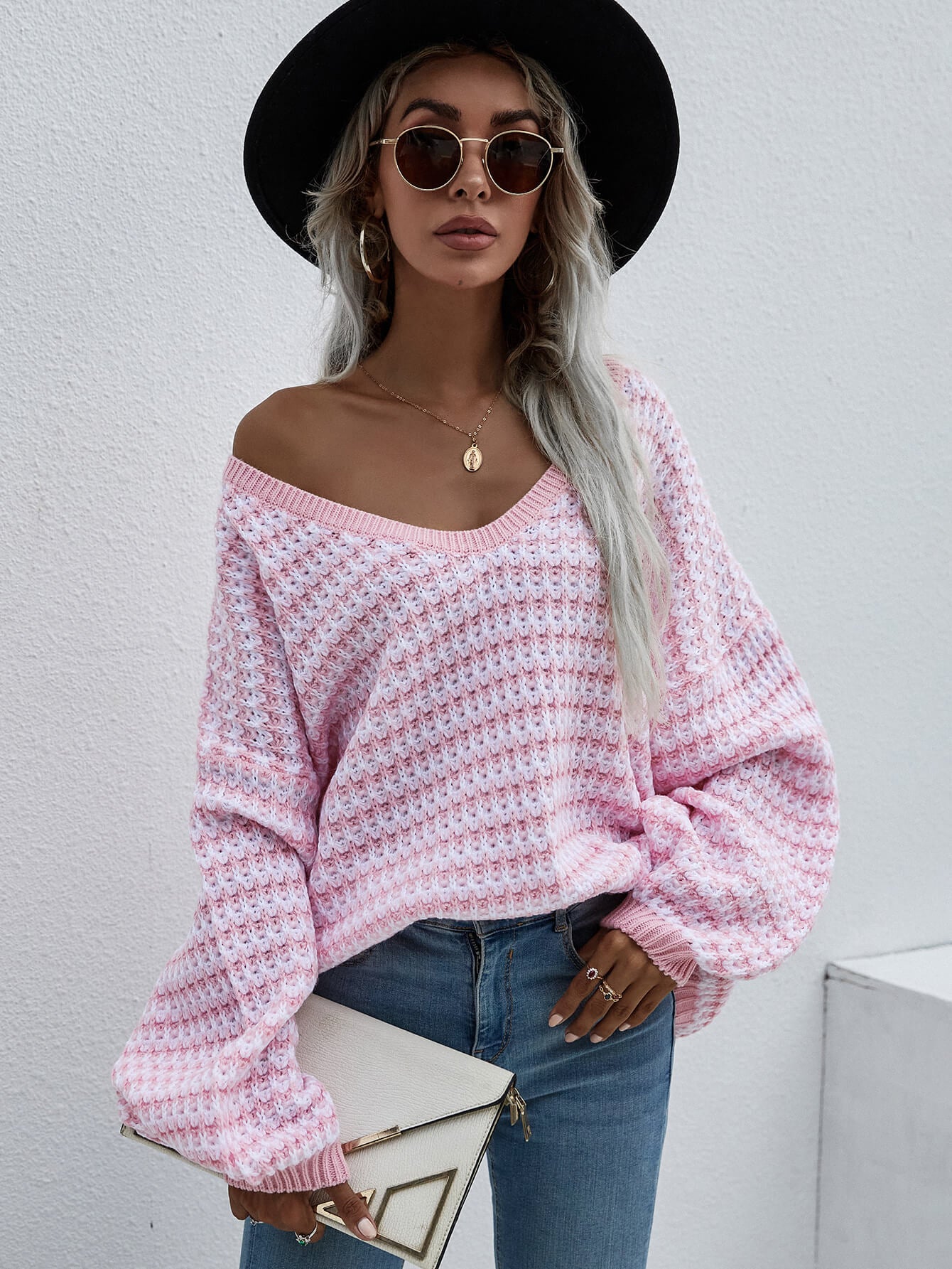 Striped Drop Shoulder V Neck Pullover Sweater | Private Label Styles