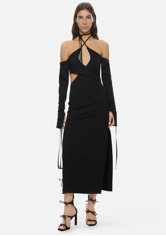 Off Shoulder Strappy Black Midi Dress | Private Label Styles