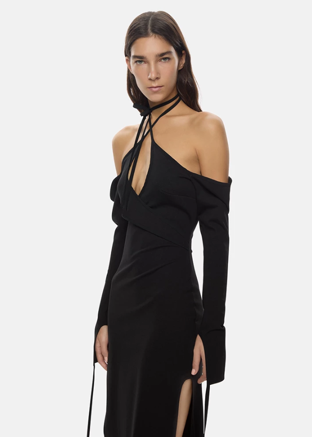 Off Shoulder Strappy Black Midi Dress | Private Label Styles