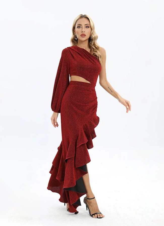 Burgundy One Shoulder Ruffle Formal Dress - PRIVATE LABEL STYLES