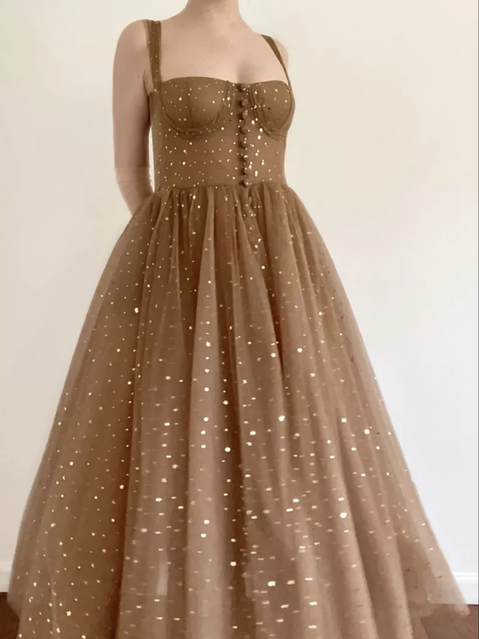 Gold A Line Midi Sparkle Bridesmaids Dress | Private Label Styles