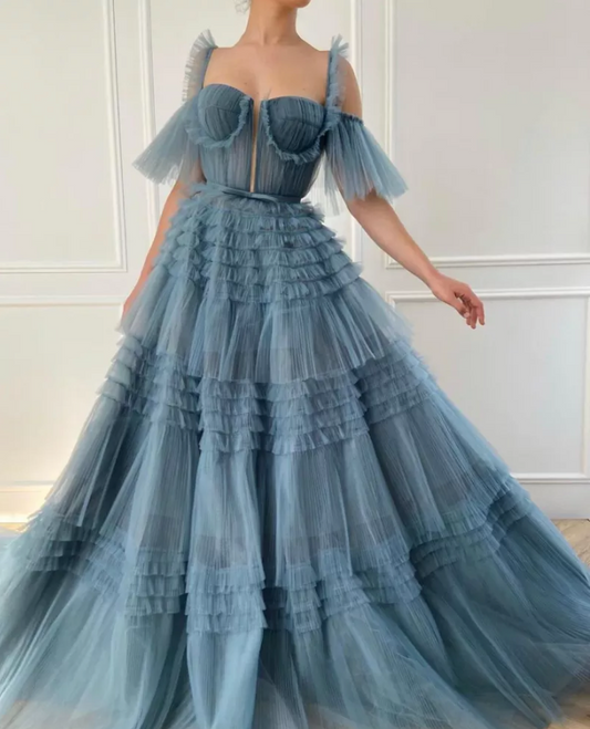 Blue A Line Maxi Ruffle Bridesmaids Dress | Private Label Styles