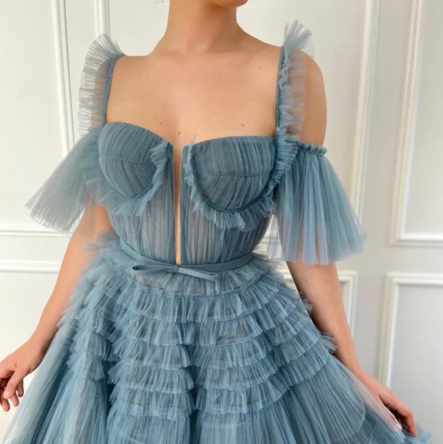 Blue A Line Maxi Ruffle Bridesmaids Dress