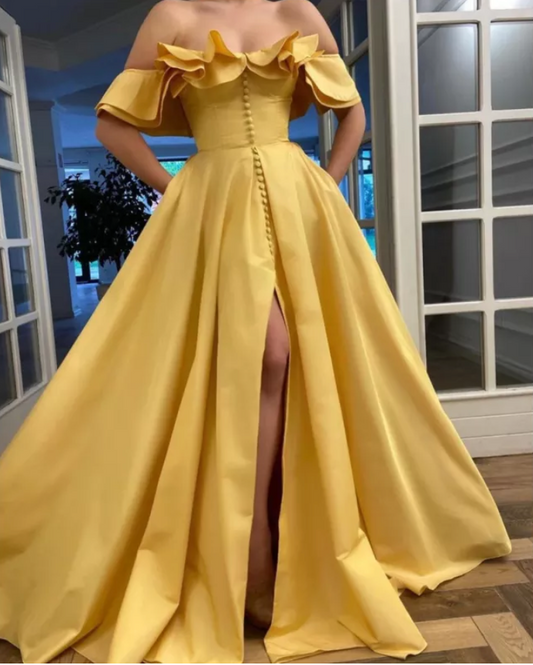 YELLOW TAFFETA MAXI RUFFLE SHOULDER BRIDESMAIDS DRESS - PRIVATE LABEL STYLES