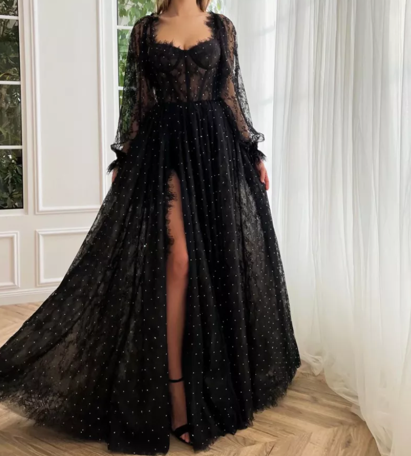 Black Puffy Sleeve Sparkle Bridesmaids Dress