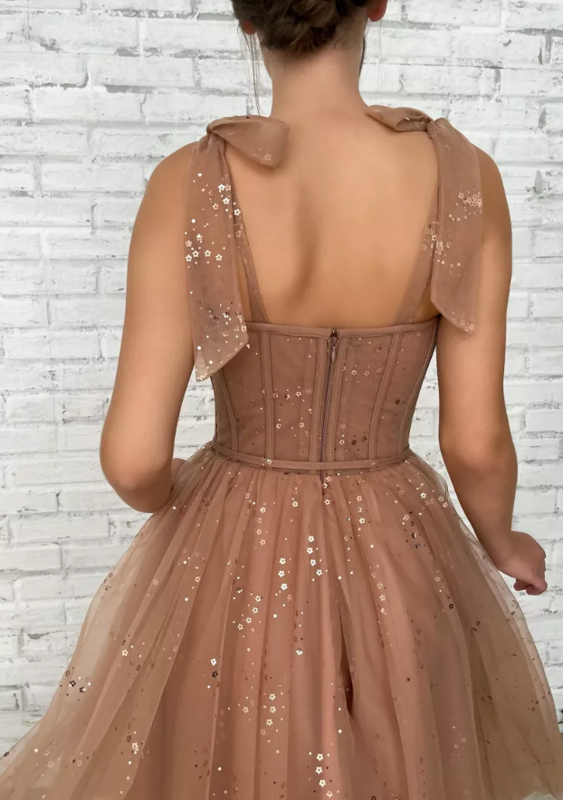 Bronze Sparkle Shoulder Tie Bridesmaids Dress | Private Label Styles