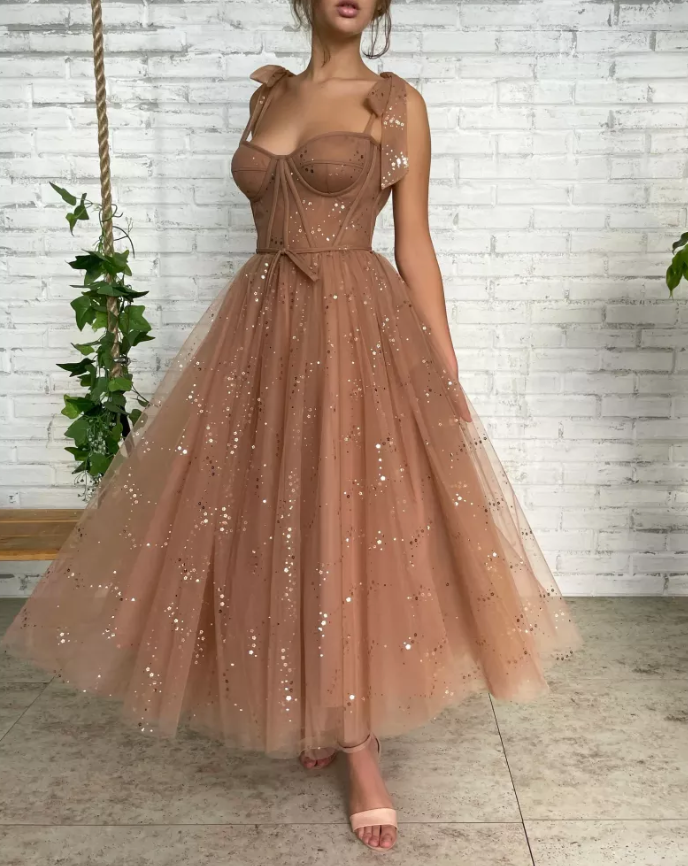 Bronze Sparkle Shoulder Tie Bridesmaids Dress | Private Label Styles