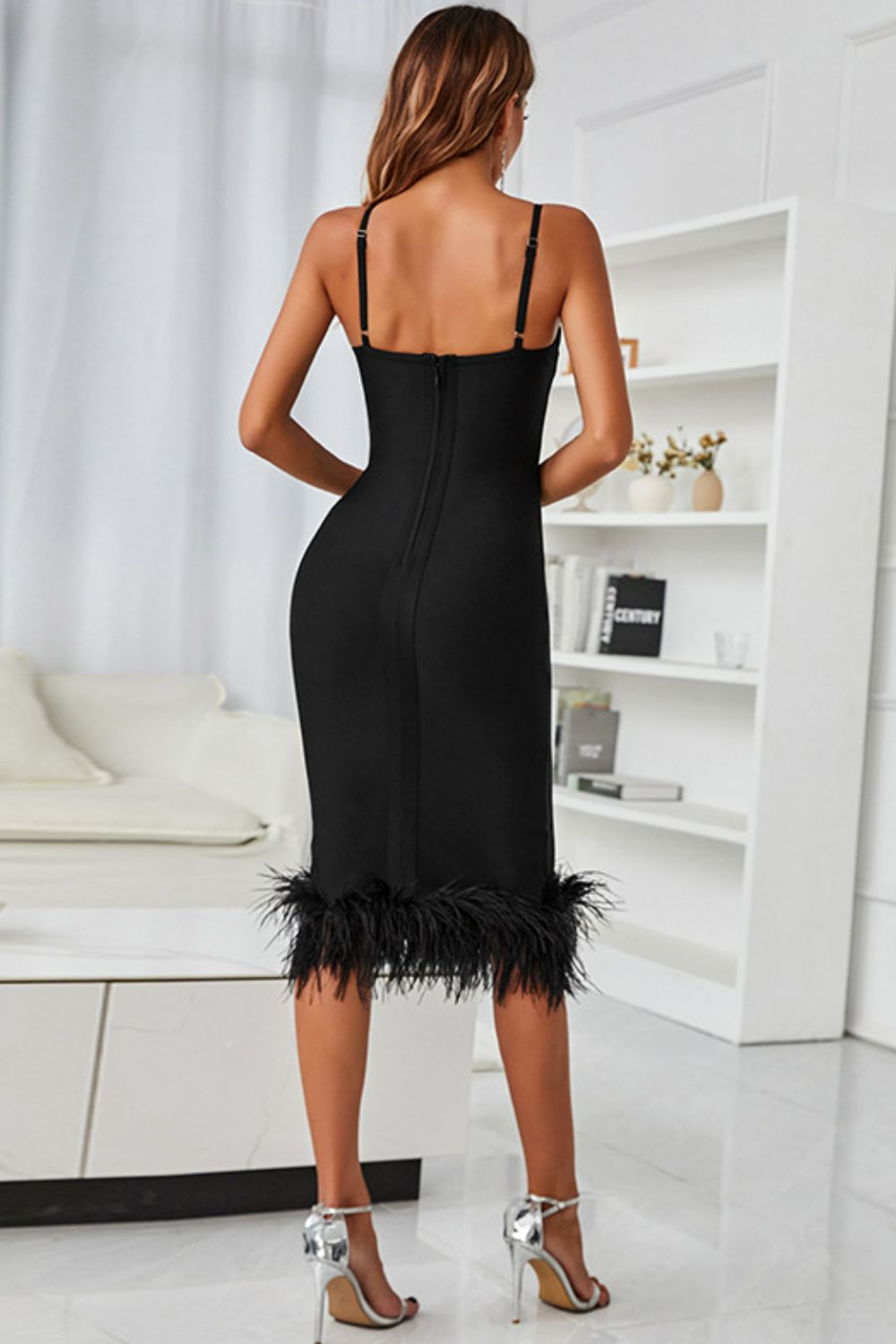 Spaghetti Strap Feather Trim Bodycon Dress | Private Label Styles
