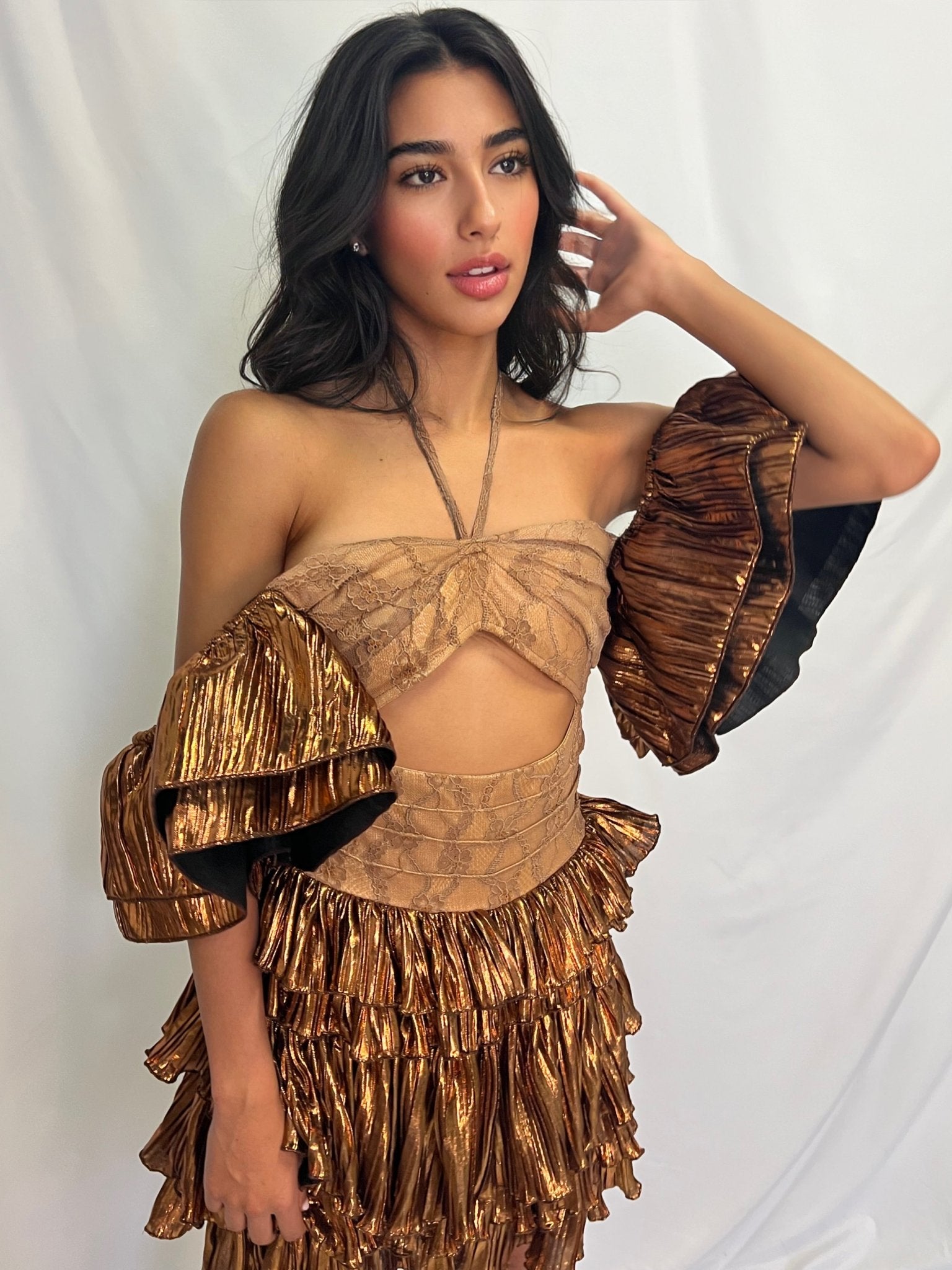 Bronze Barbie Metallic Mini Dress | Bronze Dress | Private Label Styles M Bronze Barbie Metallic Mini Dress | Bronze Dress | Private Label Styles M