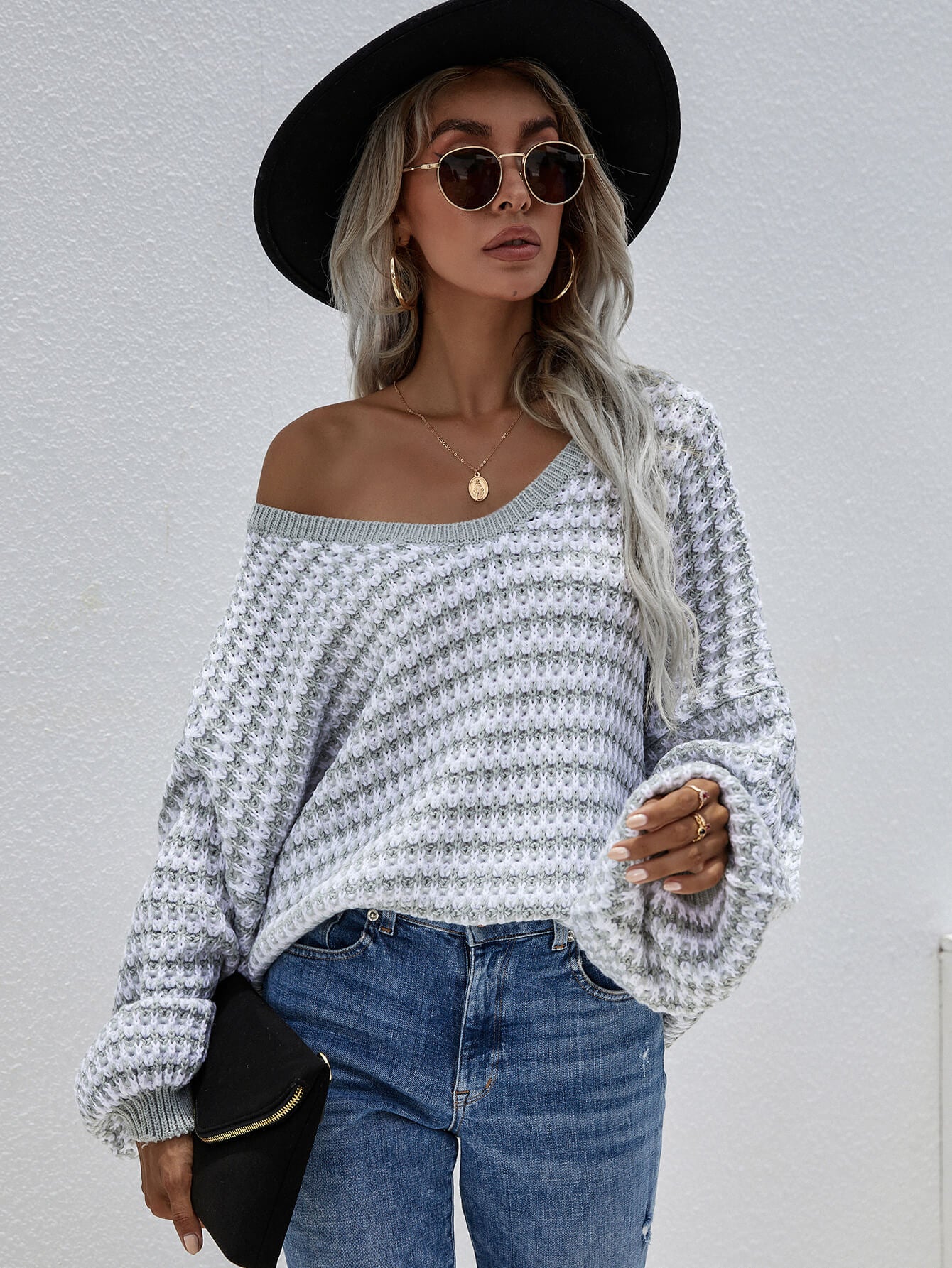 Striped Drop Shoulder V-Neck Pullover Sweater - PRIVATE LABEL STYLES