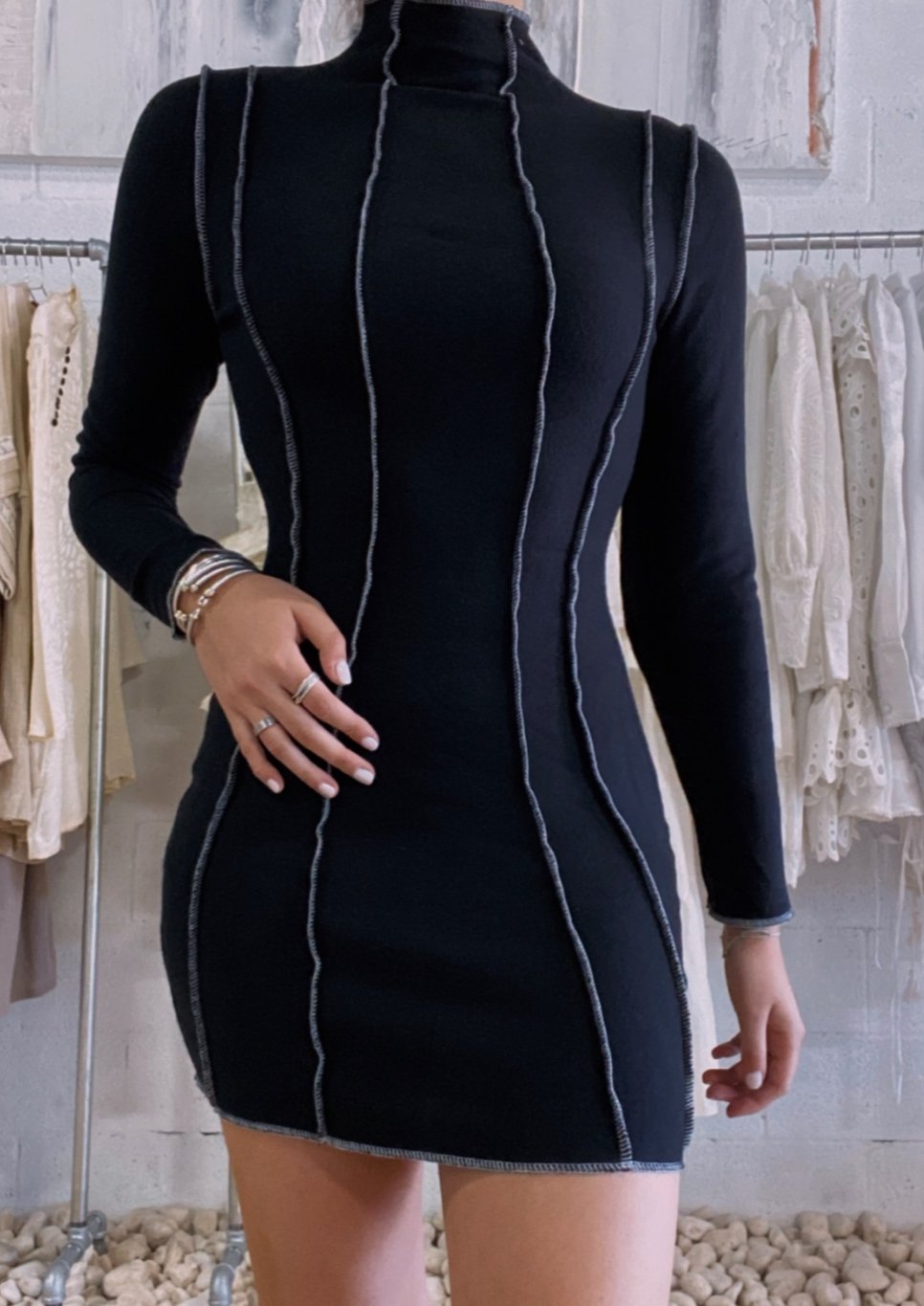 High Neck Black sleeve Mini Dress | Private Label Styles